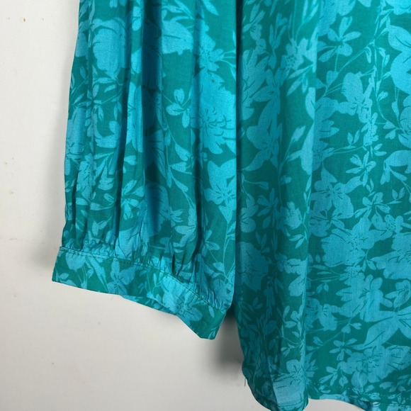 GRAND & GREENE Blouse XL Floral Tunic Blouse Teal Green Blue Long Sleeve V Neck - Picture 4 of 14